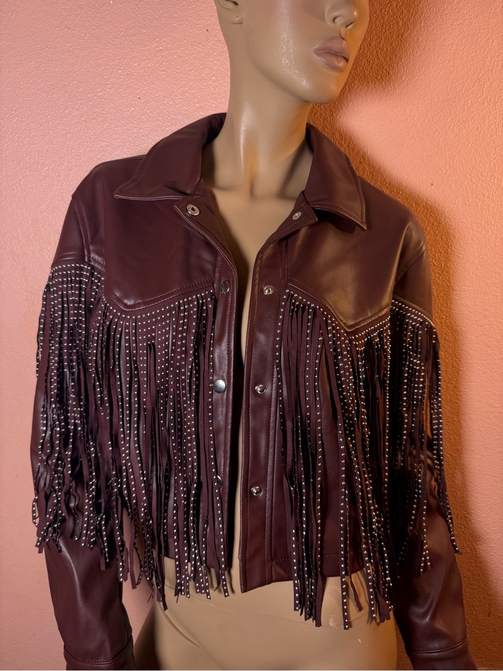 Windsor Burgundy Faux Leather Fringe Studded Jacket